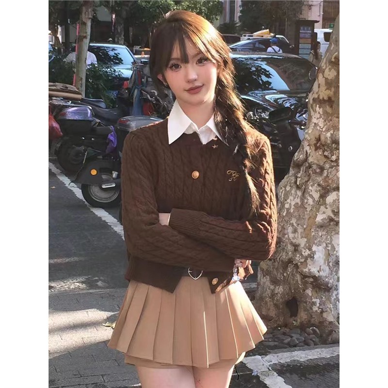 学院复古刺绣麻花开衫毛衣女春秋款韩版小个子长袖短款圆领针织衫|undefined