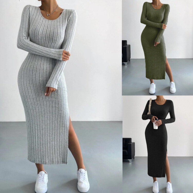 European and American Popular Cross-Border Amazon 2026 Autumn and Winter New Long-Sleeved Round-Neck Slit Knitted Long Dress for Women