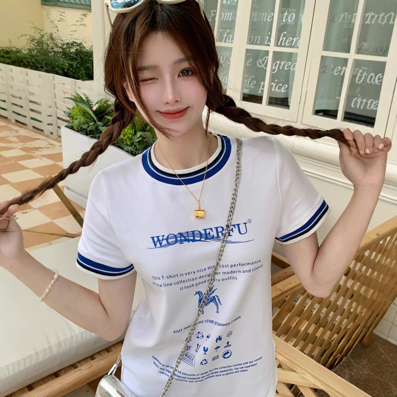 Korean Style Tops with Jeans, Unique Design, Niche Contrasting Color Short-Sleeved Right Shoulder T-Shirt for Women Summer