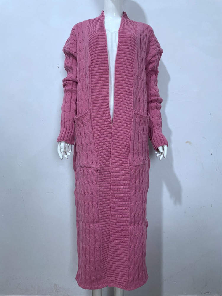 Damen-Strickjacke mit langen Ärmeln, einfarbig, langer Pullover, dicker Mantel_voghion.com