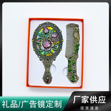 外贸复古镂空玫瑰花手柄化妆镜梳子套镜小饰品影视道具婚礼礼品