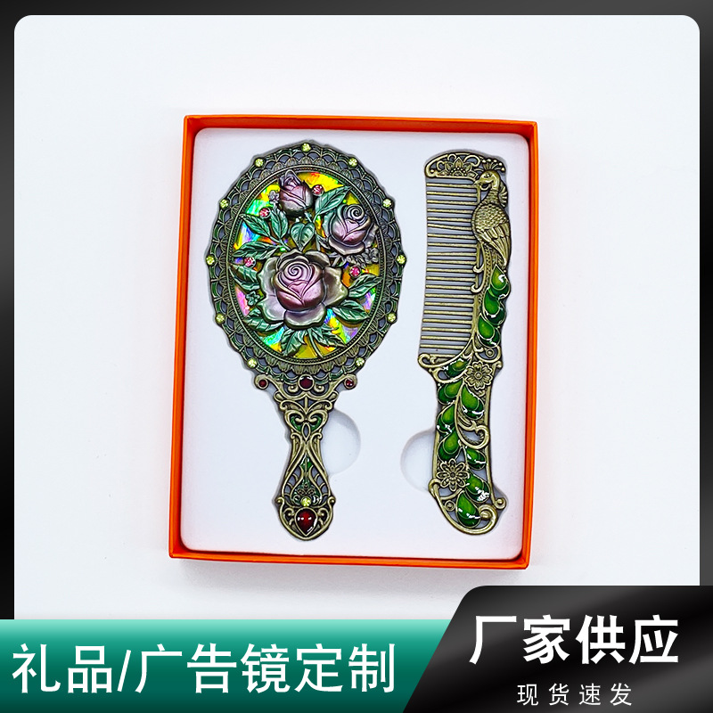 外贸复古镂空玫瑰花手柄化妆镜梳子套镜小饰品影视道具婚礼礼品
