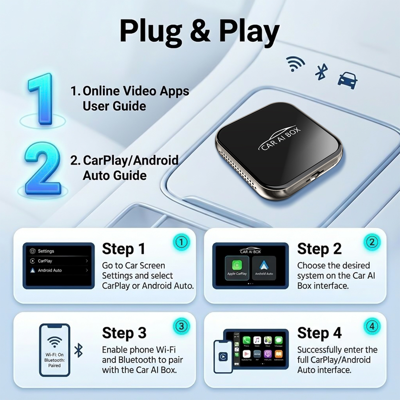 Four-in-one car wireless CarPlay box, wired to wireless, Android and Apple screen mirroring and interconnection module