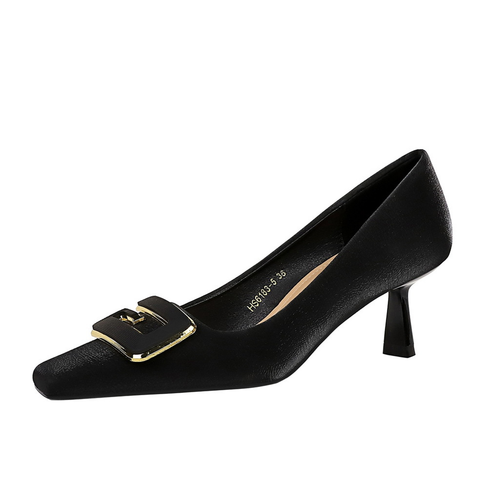 6183-K25 European and American Fashion Professional OL Women's Shoes High Heels, Shallow Mouth Square Head Metal Buckle Decoration High Heel Women's Shoes