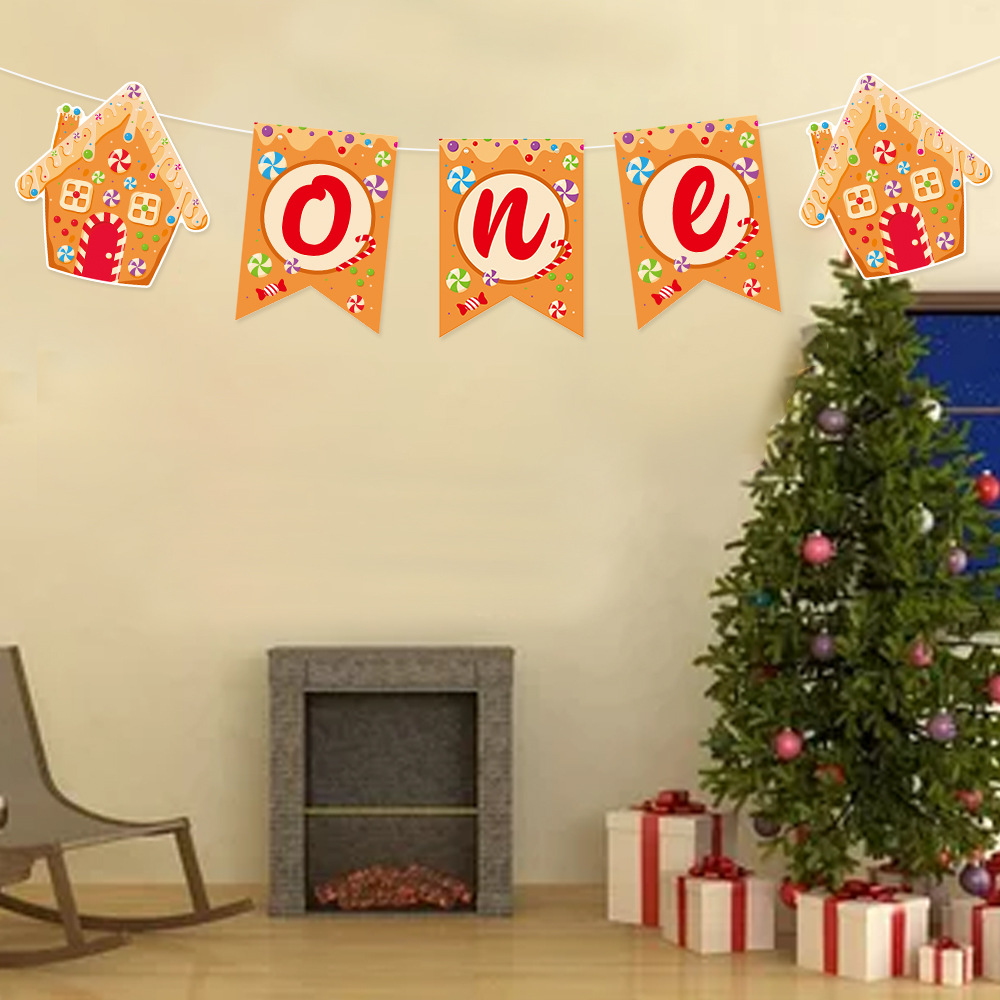 Nuevo conjunto de decoración de fiesta de cumpleaños tira de banderas de Navidad pan de jengibre hombre uno tira de banderas tarta de tarta