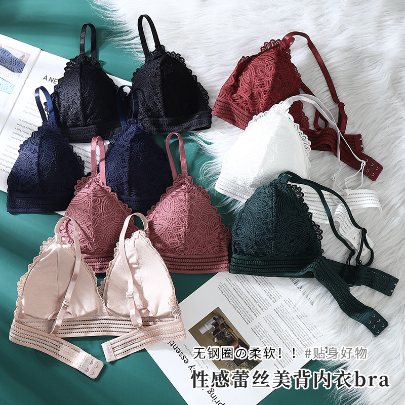 Triángulo francés taza sujetador de las mujeres otoño sexy encaje belleza espalda inalámbrico ropa interior de las mujeres en stock al por mayor image 3