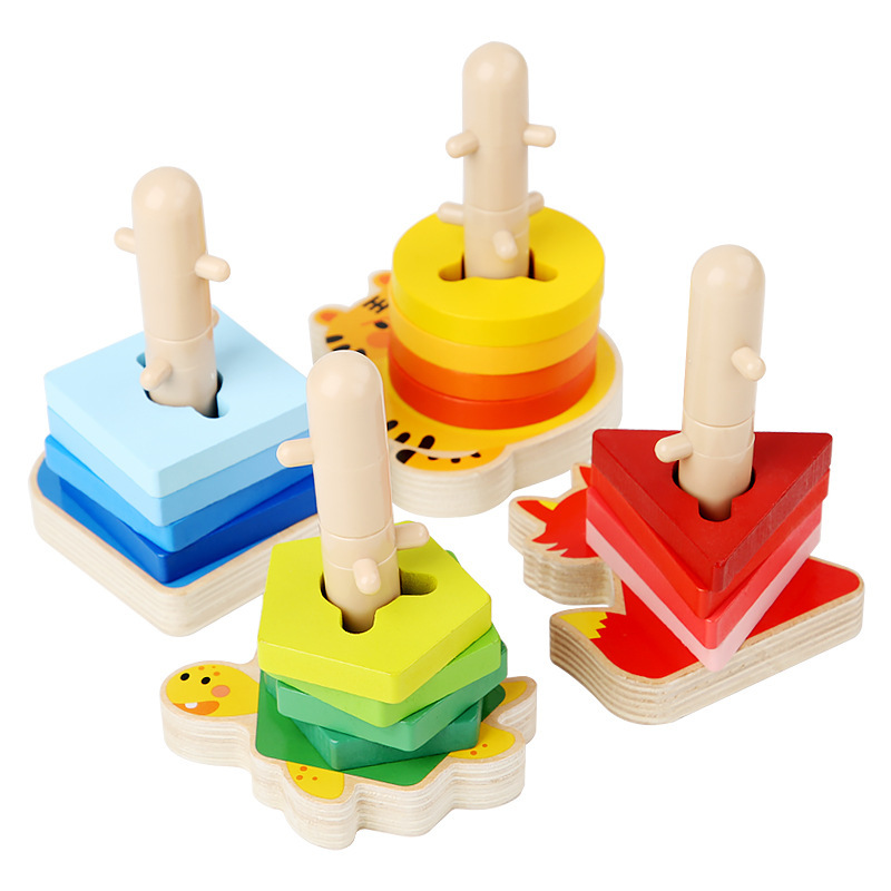 Niños de madera geométrica forma de animal bloque de construcción columna bebé puzzle madero cinco pilares juguetes de madera al por mayor
