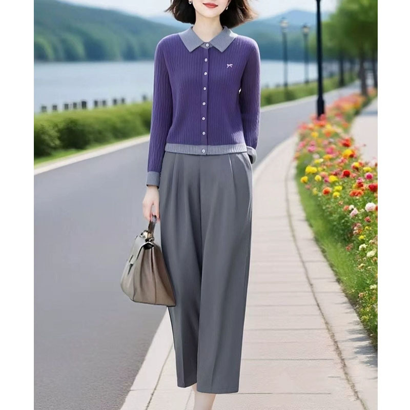 GraceChic Super Beautiful Top in maglia con risvolto viola abbinato, completo autunno 2025, pantaloni casual, set da due pezzi_voghion.com