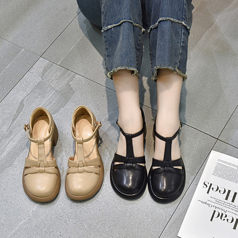 Dép sandal nữ da thật mũi kín gót dày đế xuồng mùa hè — Màu đen