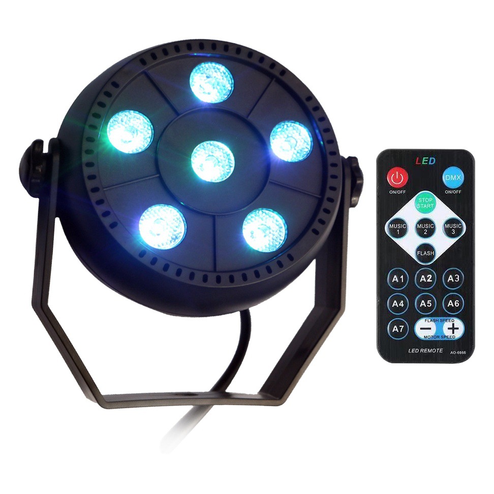 Luz LED PAR de 6 focos RGB con control remoto USB, ideal para fiestas, escenarios y decoración ambiental