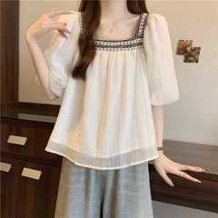 新しい中国風のルーズシフォン半袖シャツ女性の夏のデザインはお腹をカバーし、スリムトップベビードールシャツ