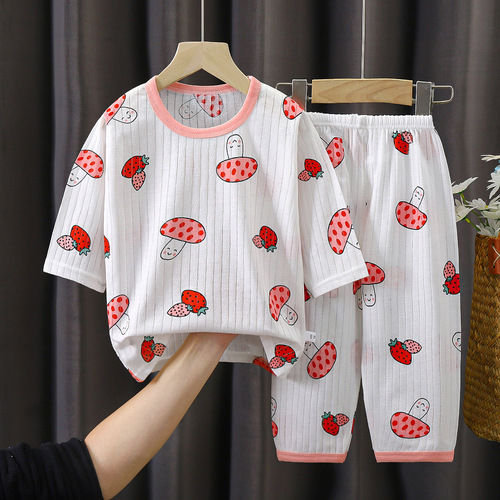  Summer Kids’ Pure Cotton Homewear Set: Boys’ and Girls’ Thin Pajamas with Breathable Three-Quarter Sleeves—Perfect for Baby’s Air-Conditioned Room Use