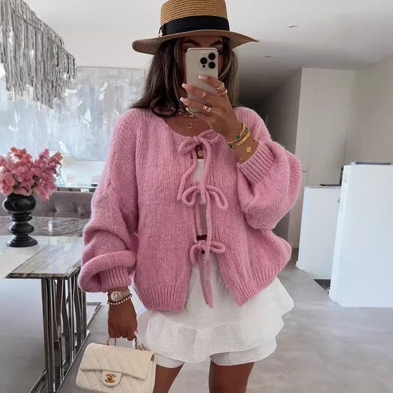 2026 Autumn Amazon Hot-Selling Women's Lace-Up Sweater Solid Color Long-Sleeve Casual Knitted Cardigan Jacket 2026 Autumn Amazon Hot-Selling Women's Lace-Up Sweater Solid Color Long-Sleeve Casual Knitted Cardigan Jacket