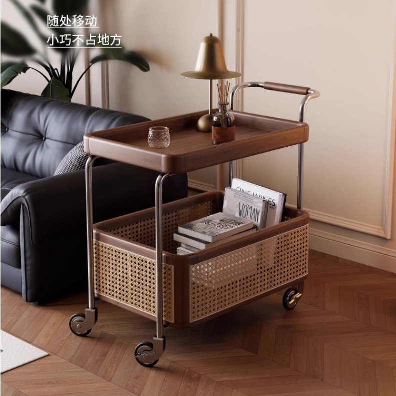 Retro Style Movable Storage Coffee Table Trolley Living Room Storage Simple Side Table Sofa Storage Rack Corner Table for Home Use