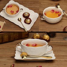歐式金蝴蝶浮雕花朵雙耳碗粉紅甜品糖水碗麥片牛奶湯盅早餐燕窩碗