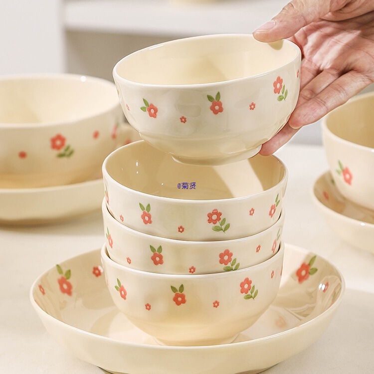 Cream Style Ceramic Rice Bowl 2025 New Eating Bowl Household Small Bowl Personal Noodle Bowl Plate Tableware Set