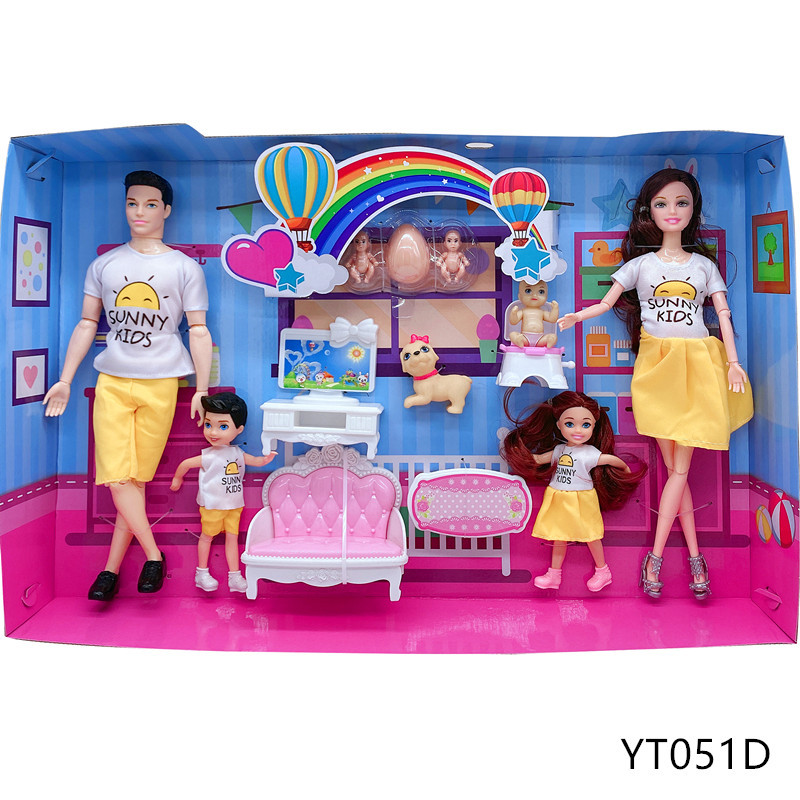 New 5 people family combination mom and dad/color box tableware bunk bed pregnant belly mother doll 30cm