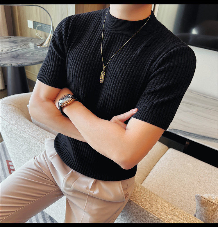Herren Schwarz Hochgeschlossener Kurzarm Strickpullover Slim Fit_voghion.com