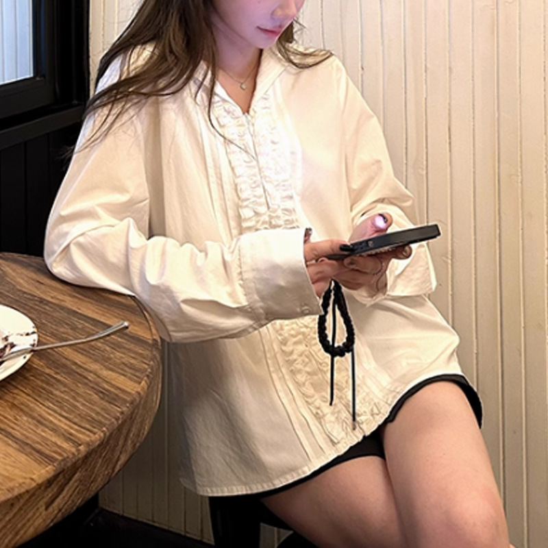 JUEMEI 海军领外套女秋季设计感双层木耳花边拉链白色衬衣法式风|undefined
