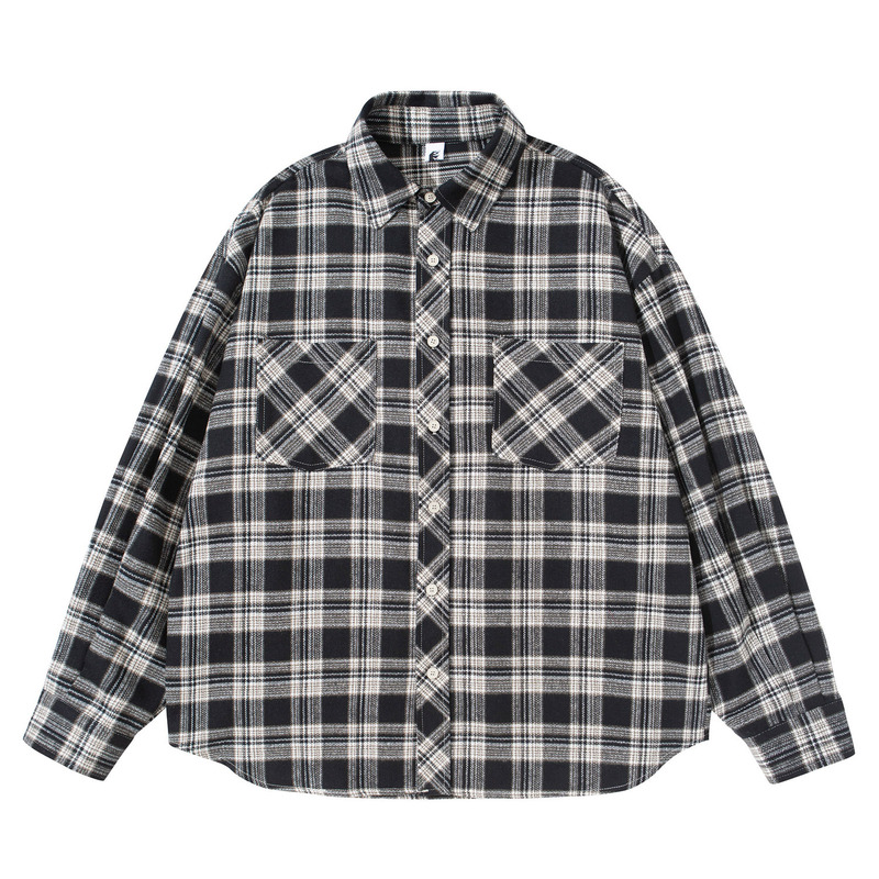日系cityboy廓形文艺青年格纹长袖衬衫男女宽松vintage工装衬衣潮|undefined