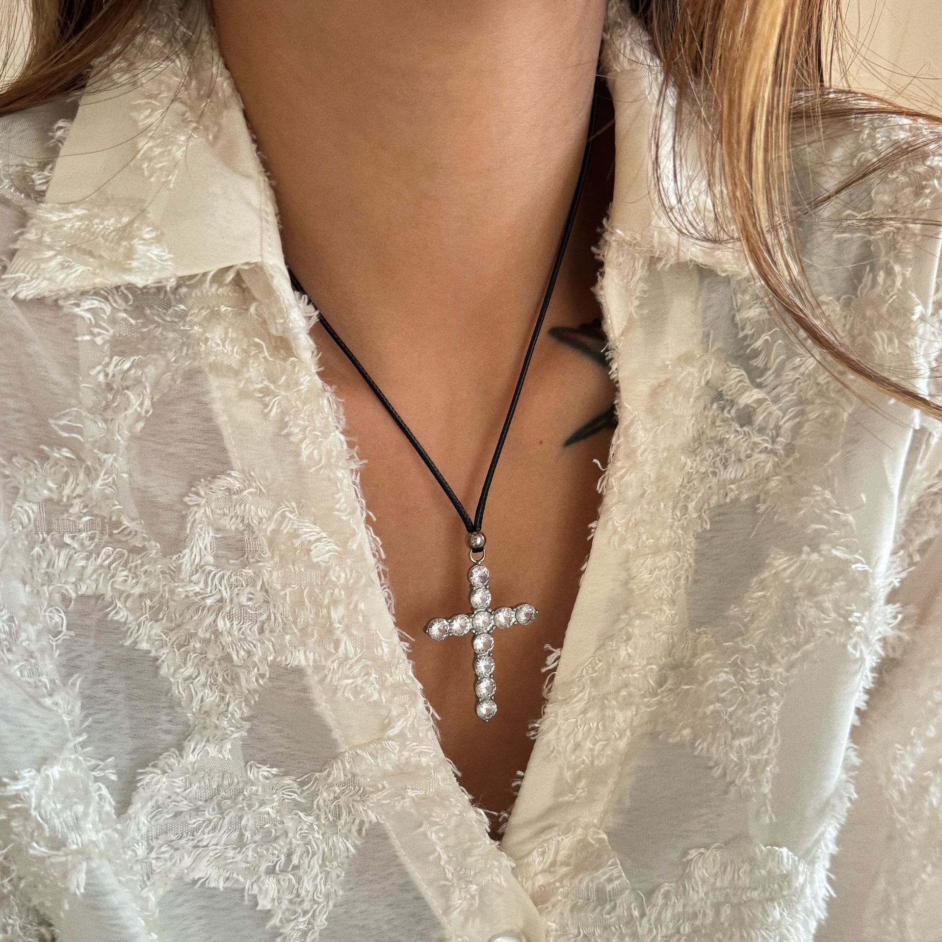 Cross Pattern Women's Gender Leather Rope Titanium Steel Retro Cross Plating Inlay Zircon Pendant Necklace