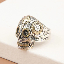 镀S925银个性霸气朋克复古仿泰银骷髅头浮雕立体男士开口戒指饰品