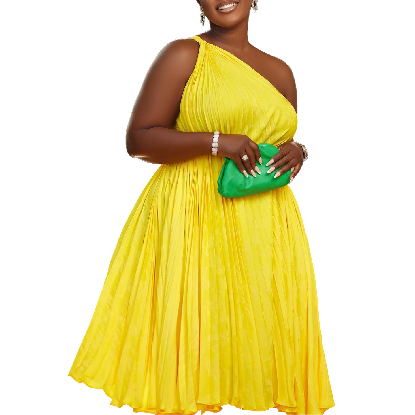 African Plus Size Women's Summer New Item With Pleats, Slanted Shoulders, Large Swing Straps, Solid Color European And American Dress_ecoleips.com
