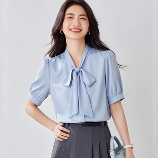 白色缎面飘带衬衫女短袖夏季设计感小众港风通勤职业上衣百搭系带