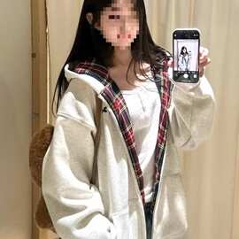 学院风拼接格子连帽卫衣女秋冬宽松学生拉链开衫棉上衣外套