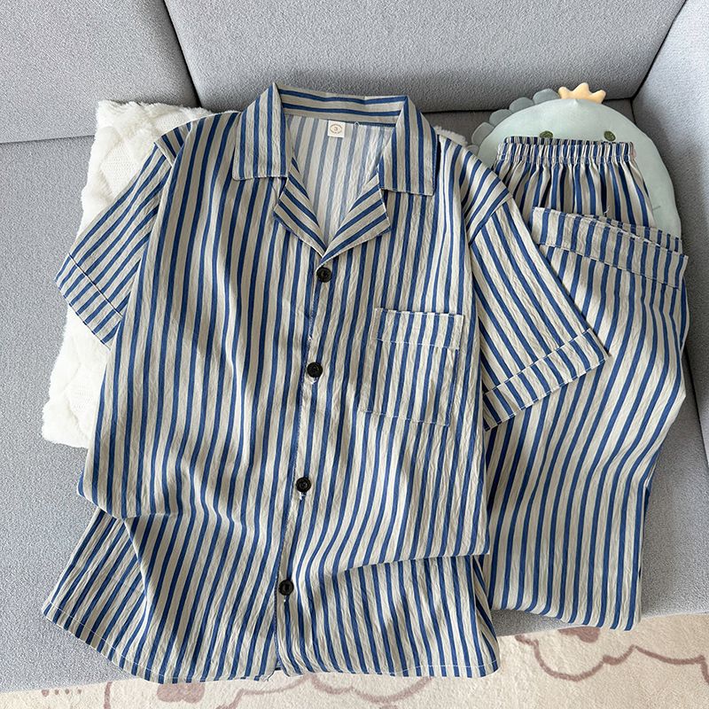 Verano hombre nube algodón corto y largo dos piezas conjunto de pijamas de moda simple con tapa cardigan ropa de hogar se puede usar fuera delgada