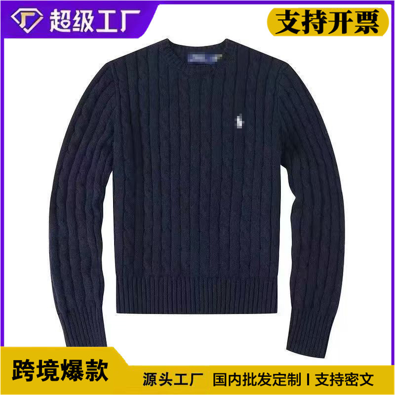In-Stock Cross-Border Trade Embroidered Pony Round-Neck Pullover Couple's Cable Knit Wool Sweater Men's Fashion Rl Sweater Men