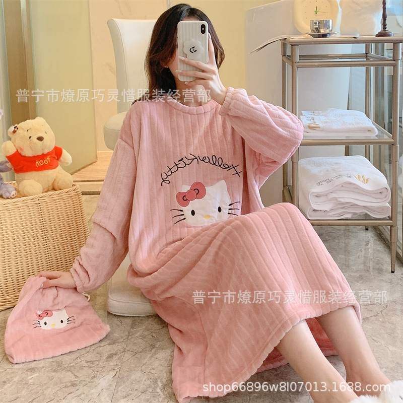 Pijamas de mujeres otoño invierno de franela lindo dibujo animado 2024 nuevo coral de lana gruesa falda cálida ropa para el hogar