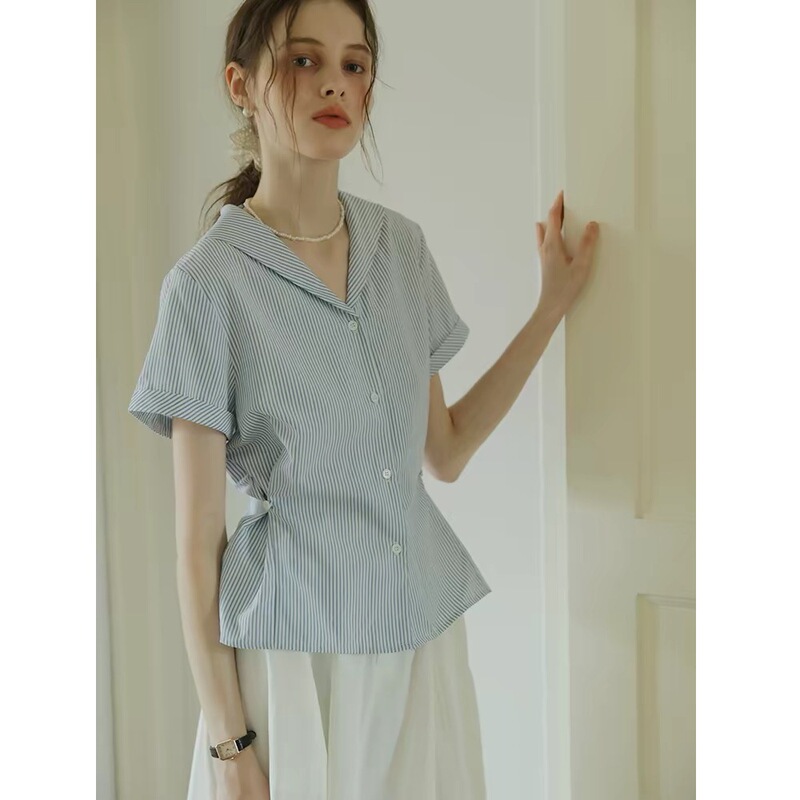 Reewhite French-Style Commuter Navy Collar Blue Striped Short-Sleeve Shirt for Women, Summer College Style, Age-Reducing and Slimming Top Reewhite French-Style Commuter Navy Collar Blue Striped Short-Sleeve Shirt for Women, Summer College Style, Age-Reducing and Slimming Top
