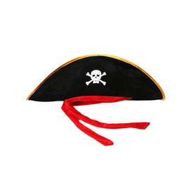 万圣节cos表演服饰道具加勒比金边海盗船长帽子红带子骷髅海盗帽