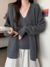 软糯针织开衫外套秋冬新款显瘦宽松外穿慵懒风蕾丝马甲背心两件套