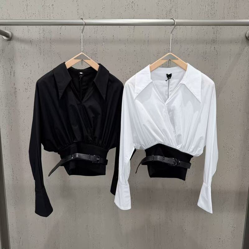 2026 Autumn Cross-Border Designer Women's Fashion Versatile Slimming Long-Sleeve Shirt with Lapel and Belted Waist Top