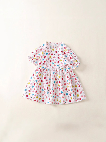 New girls' dress for middle and small children, casual printed short-sleeved round neck children's princess dress, floral baby dress