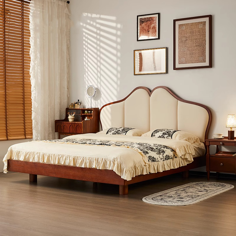 Danvance estilo francés medieval cama de mariposa flotante pequeña cama doble espacio de madera de cera blanca cama de madera maciza