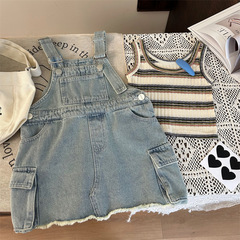 韓版童裝2024新款夏季女童毛邊牛仔背帶裙洋氣兒童條紋背心兩件套