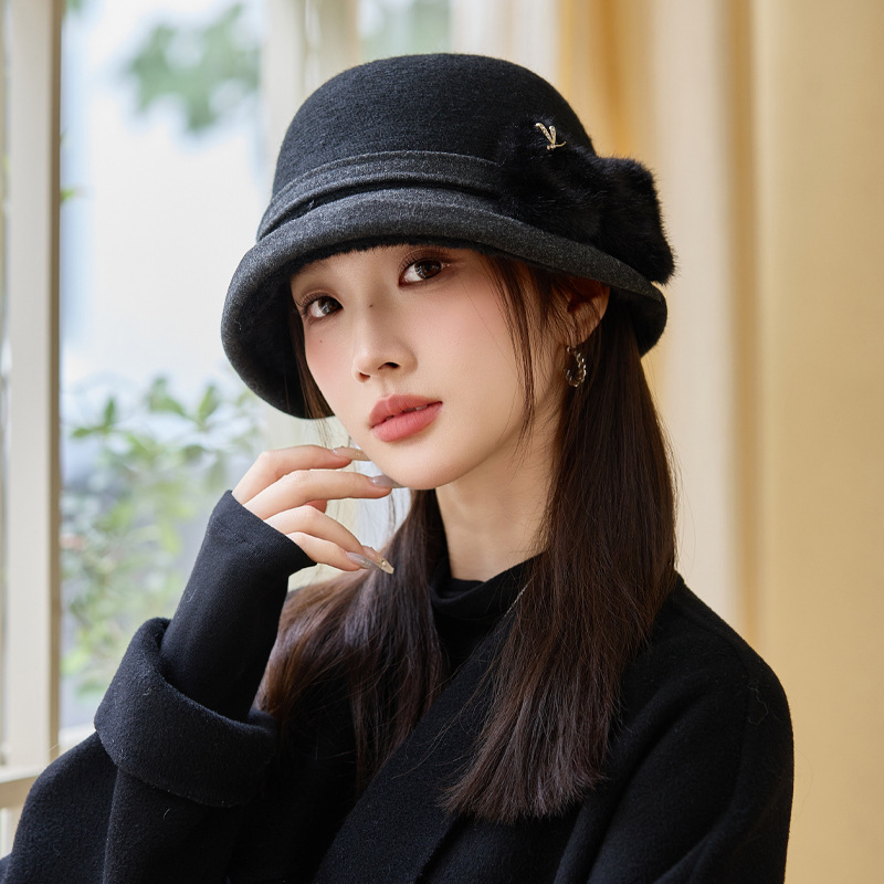 秋冬季帽子女款羊毛混纺渔夫帽中老年人妈妈帽气质蝴蝶结毛呢盆帽|undefined
