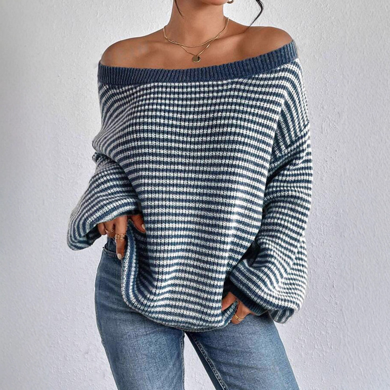 Autumn and Winter New Style One-Line Collar Stripesd Off-Shoulder Knitwear with Dropped Shoulder Sleeves, Lazy and Fashionable European and American Style Versatile Pullover Knitwear