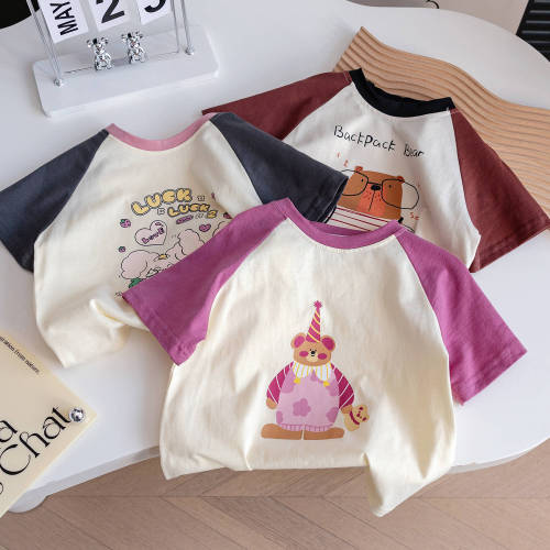 Summer baby girl cartoon outer wear printed T-shirt 2024 new cute and western style color matching versatile half-sleeved top