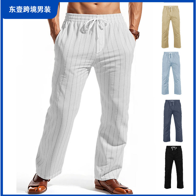 2025 Cross-border Amazon Europe and America Casual Joker Striped Cotton and Linen Trousers Loose Breathable Fashion Sports Men