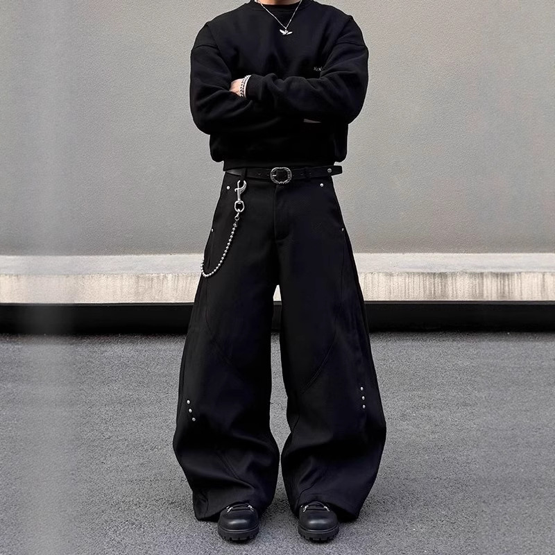 Trendy American-Style Patchwork Rivet Cleanfit Black Scimitar Men's Baggy Loose Wide-Leg Casual Trousers