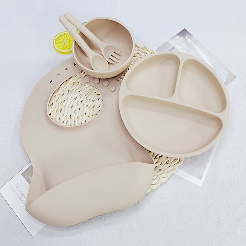 베이지 - 원형 디너 접시 + 턱받이 + 실리콘 스푼 + 실리콘 포크 + 그릇