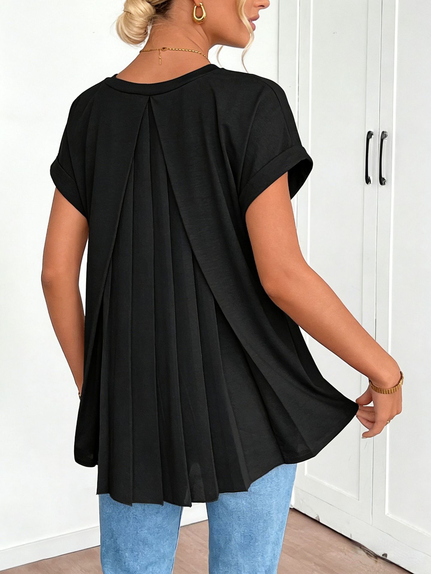 Women's Clothing Spring Women's Cross Border Top V Neck Short Sleeve Pleated Fashionable And Stylish Women's Clothing_ecoleips.com