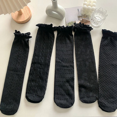 Black lace JK stack socks for girls, summer thin version, INS trendy, fashionable, Japanese-style solid color mesh lace mid-calf socks