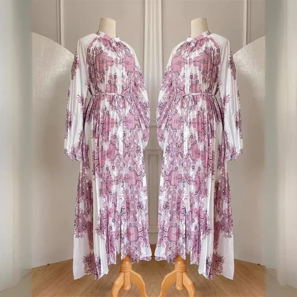 Middle East Muslim High-end Feminine Fashion With Lantern Sleeves, Printed Pleated Long Robe Dress_ecoleips.com