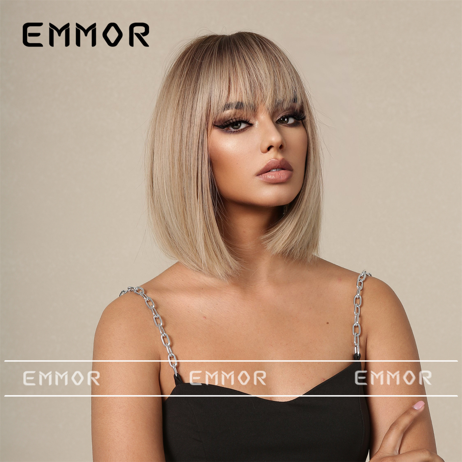 Peluca de pelo corto femenino flequillo recto flor de cerezo Rosa pelo recto onda cabeza alta Cráneo temperamento superior estilo europeo y americano conjunto de peluca superior completa