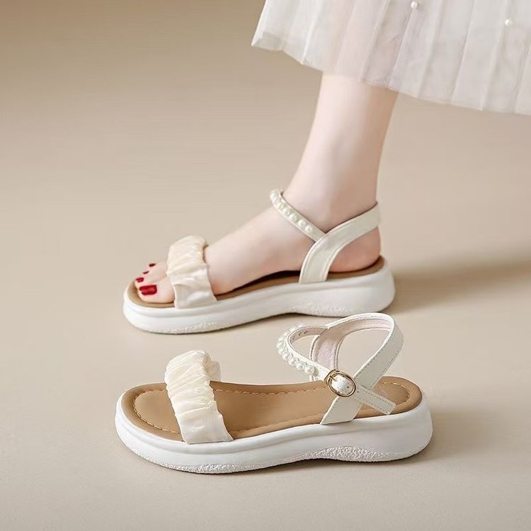 Sandalias de mujer verano 2026 nuevo estilo de moda con faldas de encaje de perlas muffins zapatos de playa